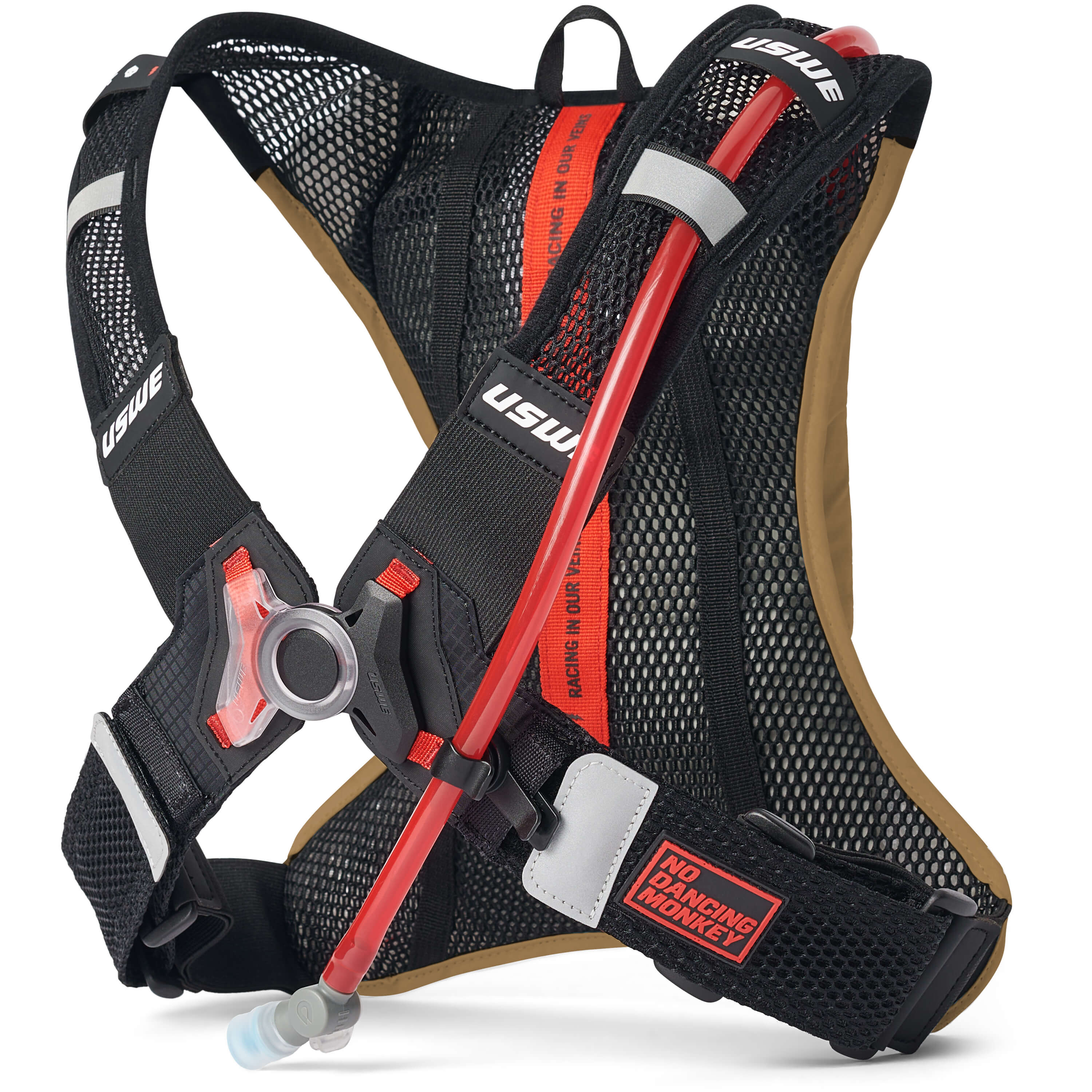USWE lightweight race hydration pack with black mesh harness, tan reservoir compartment, red hydration tube, and No Dancing Monkey 4-point harness system for mountain biking and gravel racing.