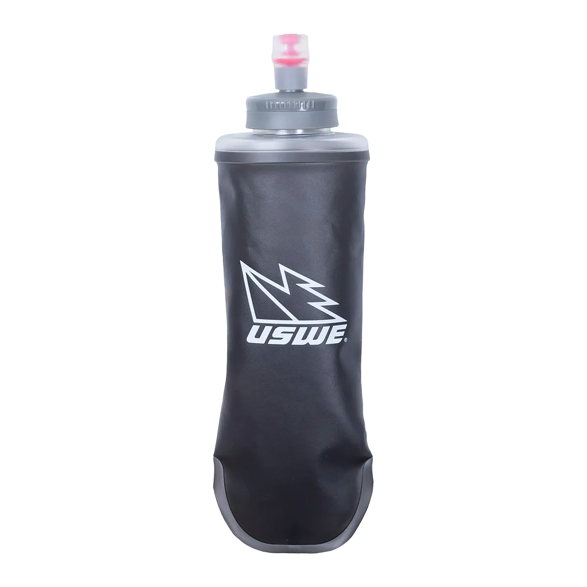 USWE 0,5L Softflask Rocket in dark gray with wide mouth opening and bite valve, featuring white USWE lightning bolt logo on collapsible TPU body designed for trail running hydration vests.