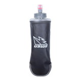 USWE 0,5L Softflask Rocket in dark gray with wide mouth opening and bite valve, featuring white USWE lightning bolt logo on collapsible TPU body designed for trail running hydration vests.