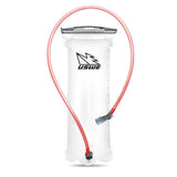 Clear large 3L hydration bladder with USWE logo and red tube and a bite valve.