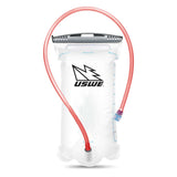 Clear hydration bladder with red tube and USWE logo on a white background
