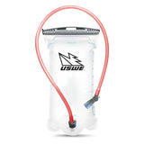 USWE 2-liter hydration bladder with red drinking tube and gray bite valve, featuring transparent reservoir with max fill line markings and secure top closure.