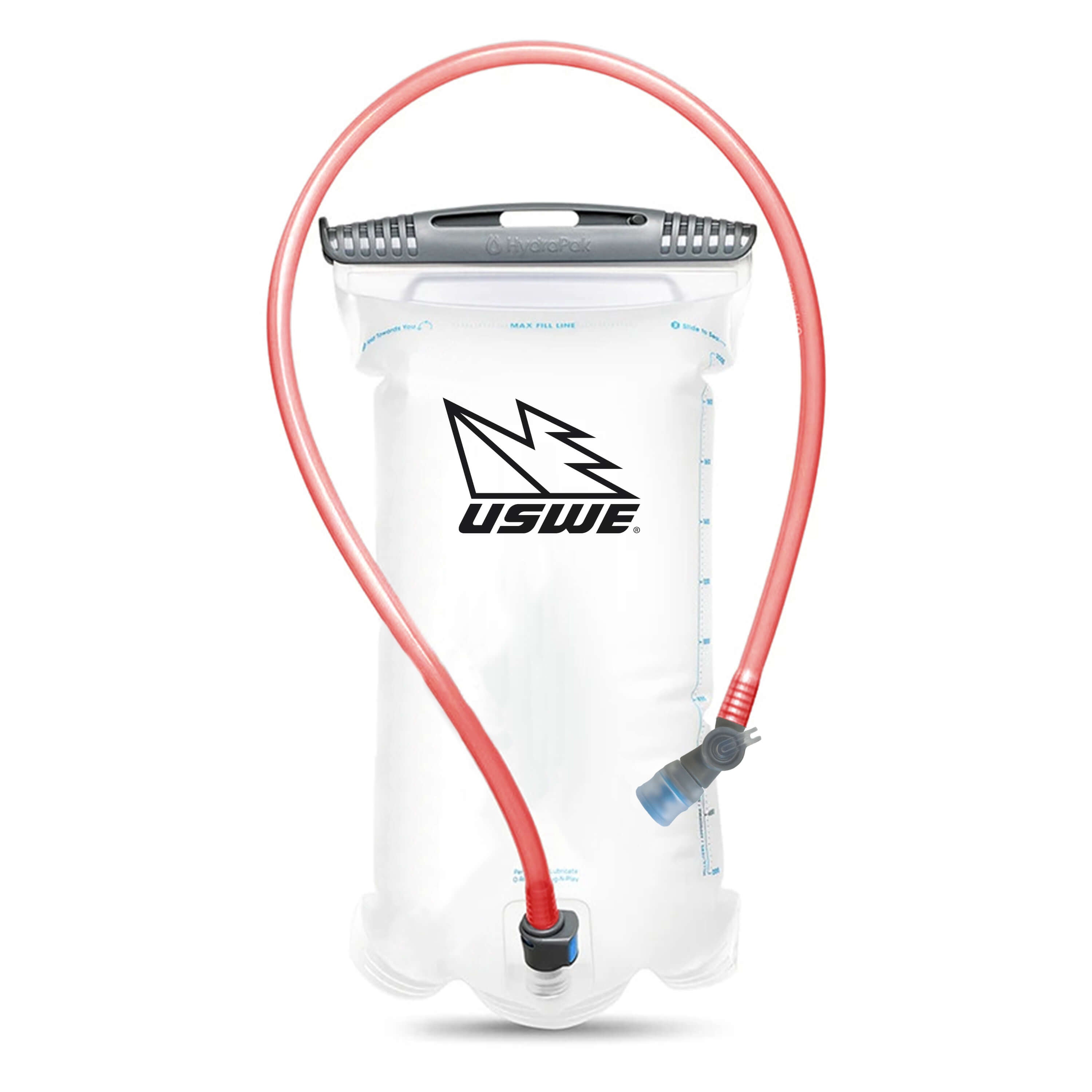 USWE 2-liter hydration bladder with red drinking tube and gray bite valve, featuring transparent reservoir with max fill line markings and secure top closure.